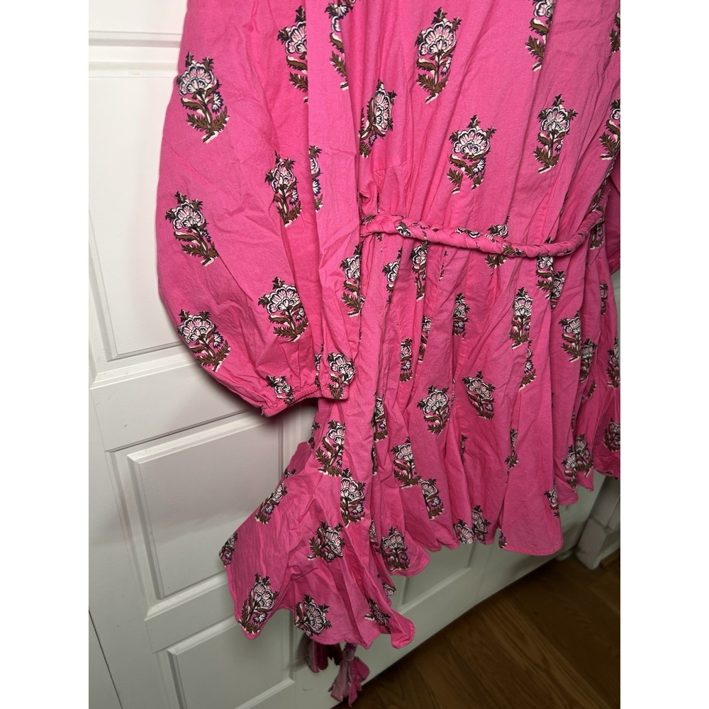 RHODE Ella Dress Pink Floral Block Print Braided Belt Mini Long Sleeve Cotton L - Picture 5 of 11